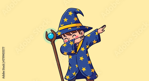 Cartoon wizard dabbing with staff in playful illustration with stars and magic feel for cheerful