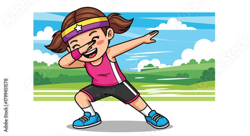 Cartoon girl in athletic wear dabbing with a scenic background illustration