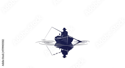 A minimalist silhouette illustration of a lone fisherman in a small boat on calm water, with a fishing rod and a clear reflection.