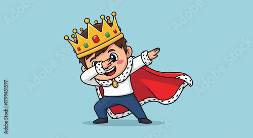 Adorable cartoon illustration of a little king dabbing against a blue background royalty and
