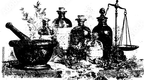 Vintage apothecary set with bottles and mortar. Detailed engraving illustration featuring historical medical tools in black and white vector.