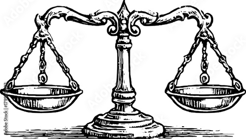 Vintage balance scale illustration. Detailed line art in retro style, representing judgment and fairness in a professional context. Vector illustration.