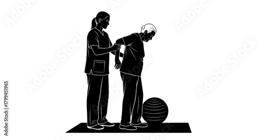 Healthcare professional assisting an elderly person with walking and balance exercises during physical therapy session.