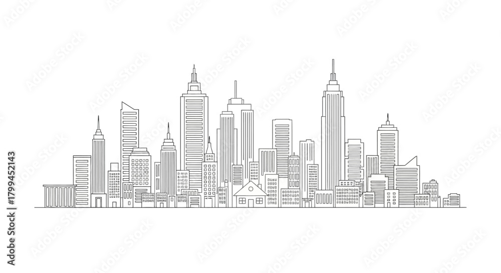 Fototapeta premium Minimalist line art illustration of a modern city skyline featuring various skyscrapers and urban buildings against a clean white background.