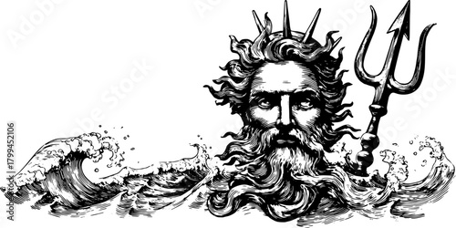 Neptune, the god of the ocean, depicted with a trident in crashing waves. A vintage engraving vector illustration in black and white.