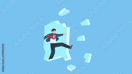 Confidence businessman jump to breakthrough the wall for freedom. Courage and motivation to breakthrough the wall, obstacle or problem, challenge to escape from safe zone and achieve success.