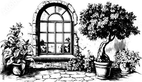 Vintage engraving illustration of a window with a set of ornamental plants and a tree. Detailed line drawing in black and white, showcasing outdoor decor.
