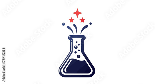 A graphic illustration of a blue conical flask with a bubbling dark liquid and red stars exploding upwards.