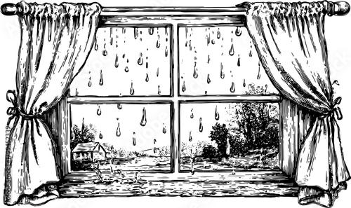 Vintage window illustration with rain drops and curtains. Detailed engraving of a scenic landscape view from the home, in black and white vector format.