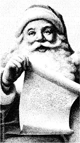 Santa Claus portrait with jolly expression and white beard. Hand-drawn vector illustration featuring a holiday theme in black and white style.