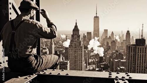 High above the streets of New York, workers sit on a steel beam, gazing over a stunning skyline. Smoke rises from rooftops as they share a moment against the backdrop of iconic buildings.