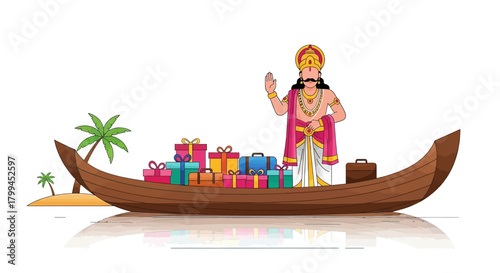 Cartoon illustration of King Mahabali in a traditional boat filled with gifts, celebrating Onam festival with palm trees in the background.