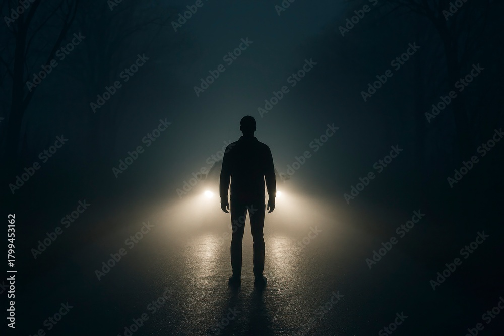 Fototapeta premium Silhouette in Car Headlights at Night