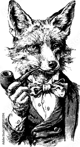 Fox silhouette in vintage engraving style. Hand-drawn vector illustration featuring an elegant character with a pipe and bowtie.