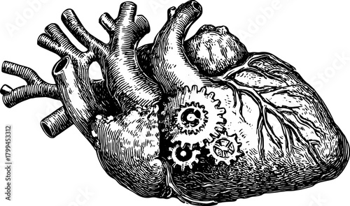 Heart anatomy with mechanical gears in a steampunk style. Detailed black and white ink vector illustration of biological and mechanical elements.