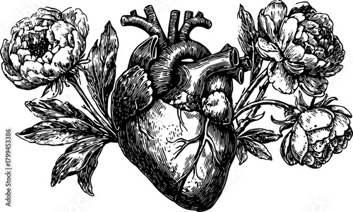 Heart with flowers in vintage outline style. Detailed black and white vector illustration set.