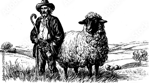 Shepherd with sheep in a black and white outline drawing. Vintage illustration of a rural farmland scene vector.