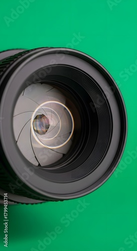 Close-up of a professional camera lens with a vibrant green background, highlighting the intricate details and glass elements of the lens