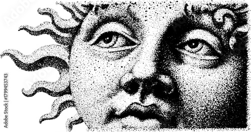 Sun face illustration in black and white. Detailed vector illustration with intricate textures and classic style.