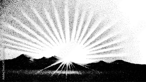 Sun rays shining over a mountain landscape. Black and white vector illustration with a minimalist design.