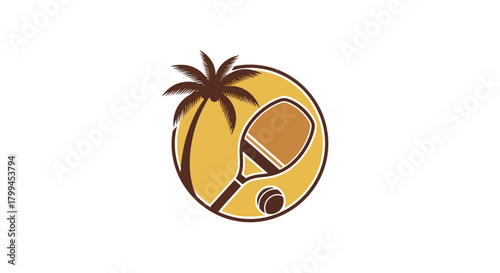 A circular logo featuring a brown palm tree and a paddle with a ball, set against a light brown background, evoking beach sports.