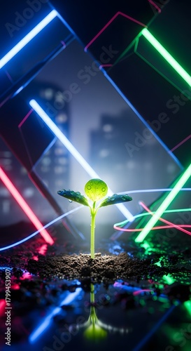 A small green plant seedling emerging from soil illuminated by vibrant neon lights in a futuristic setting