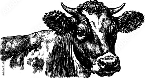 Black and white cow illustration. Detailed outline and texture in this realistic vector engraving set.