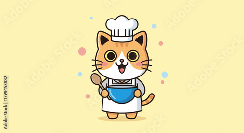 A cute cartoon ginger cat chef wearing a white hat and apron, holding a wooden spoon and a blue mixing bowl, on a light yellow background.