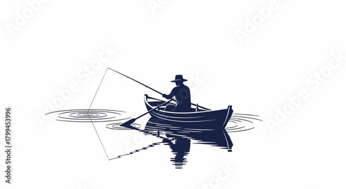 Silhouette of a lone fisherman in a small boat on calm water, casting a line with a fishing rod, with a clear reflection.