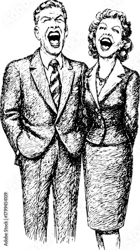 Happy couple smiling and laughing in a playful vector illustration. The charming black and white drawing depicts joyful expressions in a set style.