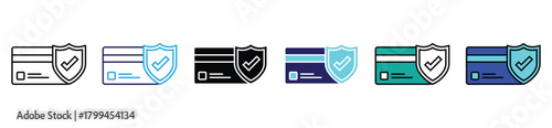 Payment protection icon set featuring credit card and shield symbols, ideal for secure transactions, financial services, online banking, and data safety designs.
