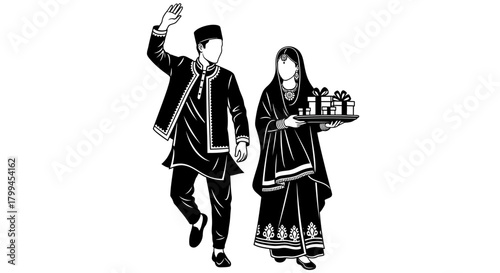 Black and white illustration of a man and woman in traditional attire, celebrating with gifts.