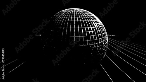 3D sphere with a grid texture in a black background. This modern vector illustration features geometric lines and abstract design elements.