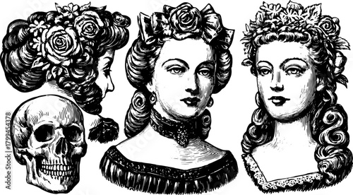 Engraving of antique silhouettes featuring female portraits and a skull. Vintage vector illustration with ornate design elements in a set.