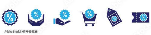 Discount and offer icon pack featuring coupon tickets, price tags, shopping carts, and percent signs for retail and online sale designs.
