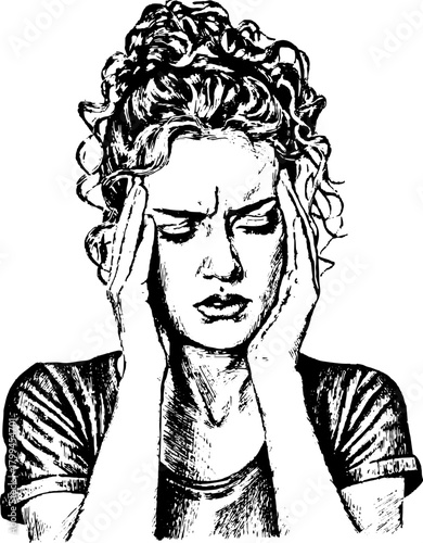 Woman expressing pain from a headache. Vintage line drawing, an outline illustration depicting stress in a black and white vector format.