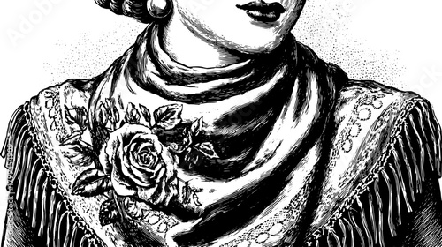 Antique engraving of a woman's silhouette with a floral scarf. Detailed black outline vector illustration showcasing vintage style and elegant design.