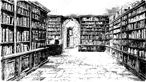 Library silhouette engraving showcasing antique bookshelves. This vintage vector illustration captures architecture and space in a historical context.