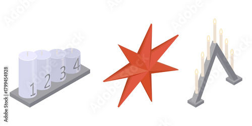 Scandinavian Advent decoration set, Christmas candles, star and electric candlestick - hand drawn isometric vector illustration.