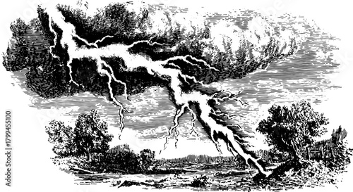 Lightning striking through dark clouds in a stormy setting. This vintage vector illustration features detailed trees and scenery.