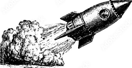 Engraving of a rocket launch in vintage style. A detailed black outline illustration showcasing exploration and transportation themes in a vector format.