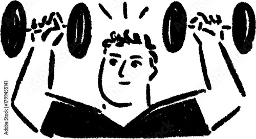 Strength training with dumbbell silhouette in black outline. Simple hand-drawn vector illustration of a dynamic fitness character lifting weight.