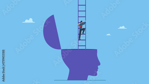 Confidence businessman climb up ladder of success from his head. Personal development or improvement for success, growth mindset, motivation to be success, courage to find new opportunity.