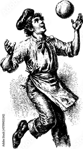 Antique engraving of a male juggler with a ball. Hand-drawn outline style in black featuring vintage detailing in this vector illustration.