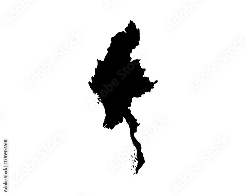 Flat black vector silhouette of Myanmar map, minimalist geographic outline for abstract cartography, education, and modern artwork