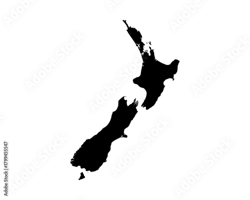 Minimalist flat black vector silhouette of New Zealand map, simple island outline design for cartography and modern artwork