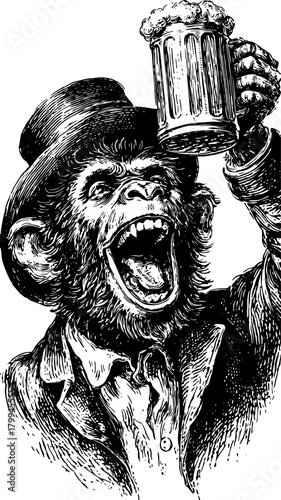 Vintage monkey holding a beer mug in a hand-drawn style. Black outline illustration, part of a vector set with a retro feel.