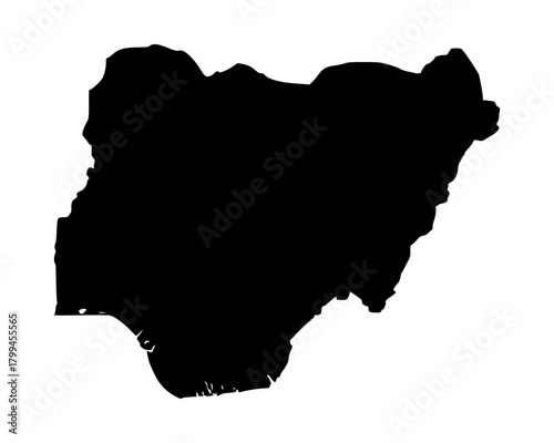 Flat black vector silhouette of Nigeria map, minimalist geographic outline design for cartography, modern artwork, and education