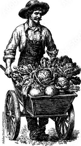Farmer carrying vegetables in a cart silhouette. Hand-drawn, black outline vector illustration showcasing agriculture and farming set.