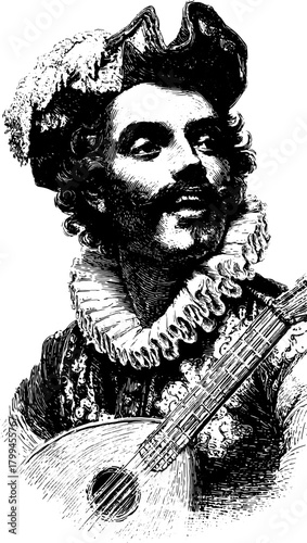 Antique engraving of a man playing a guitar. The illustration showcases a musician in classical attire, emphasizing performance and cultural heritage in vector style.